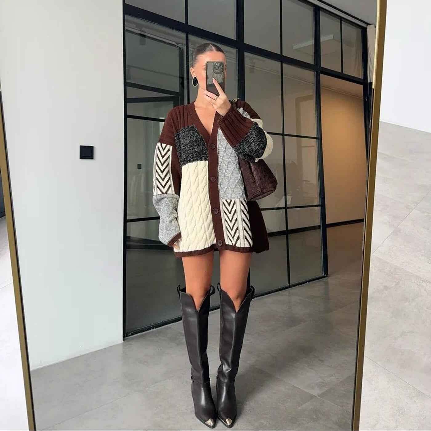 Brown Color-Block Cardigan