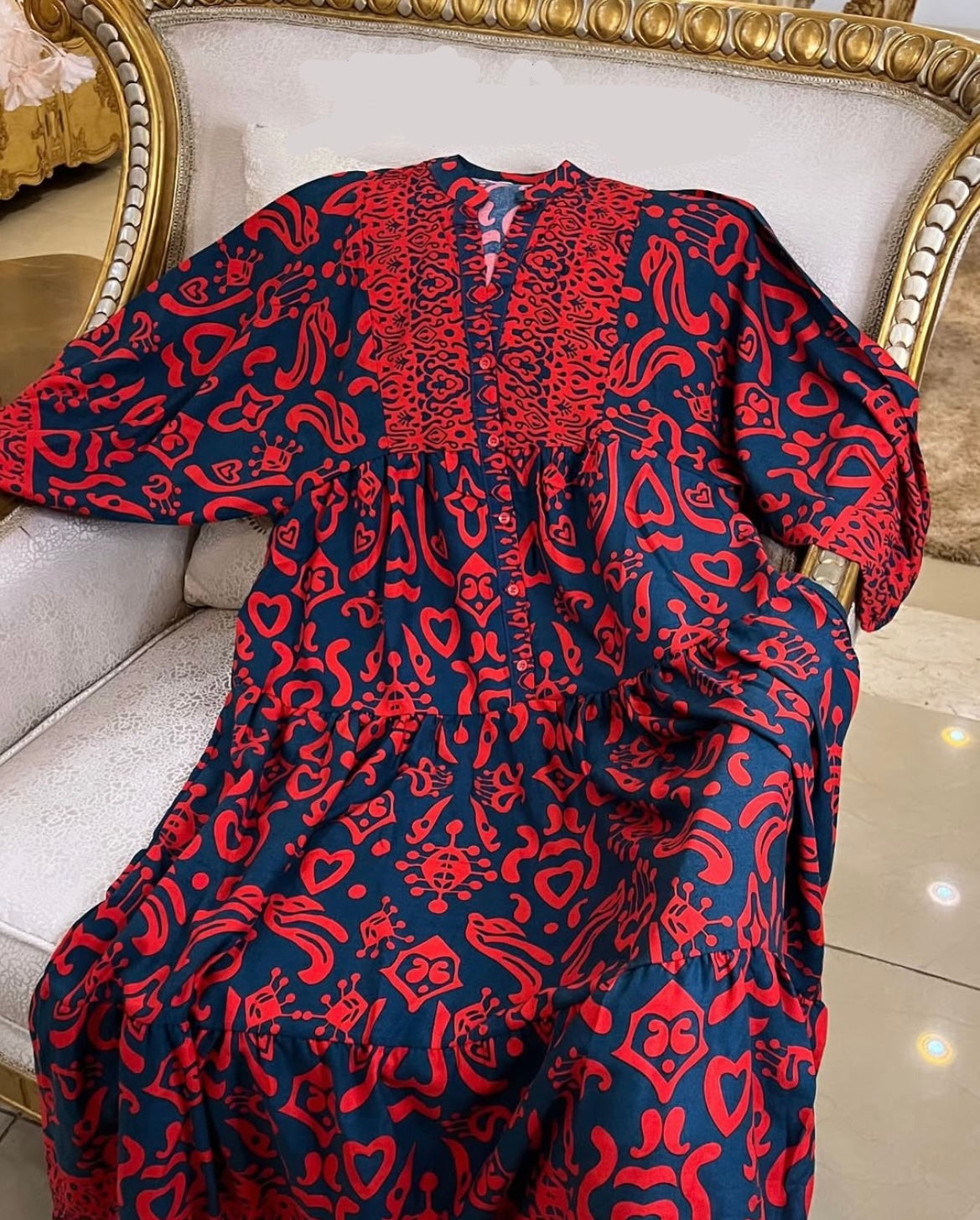 Red x Navy Patterned Dress