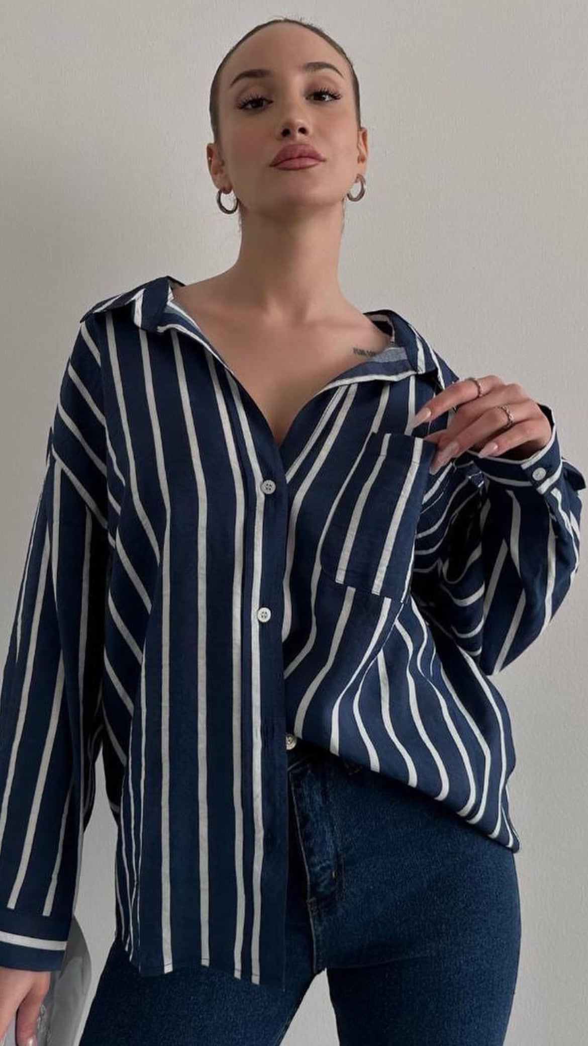 Navy x White Striped Buttoned Shirt