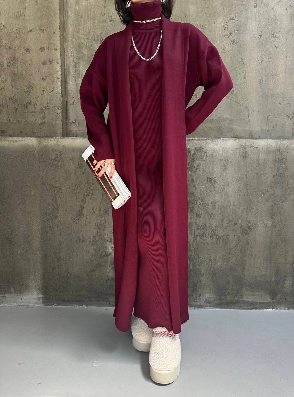 Burgundy Knitwear Set (Dress + Cardigan)