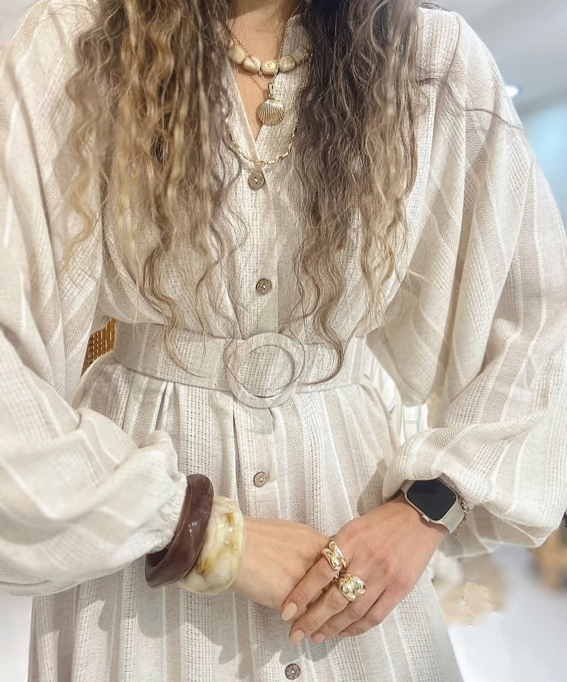 Neutral Stripe Belted Dress