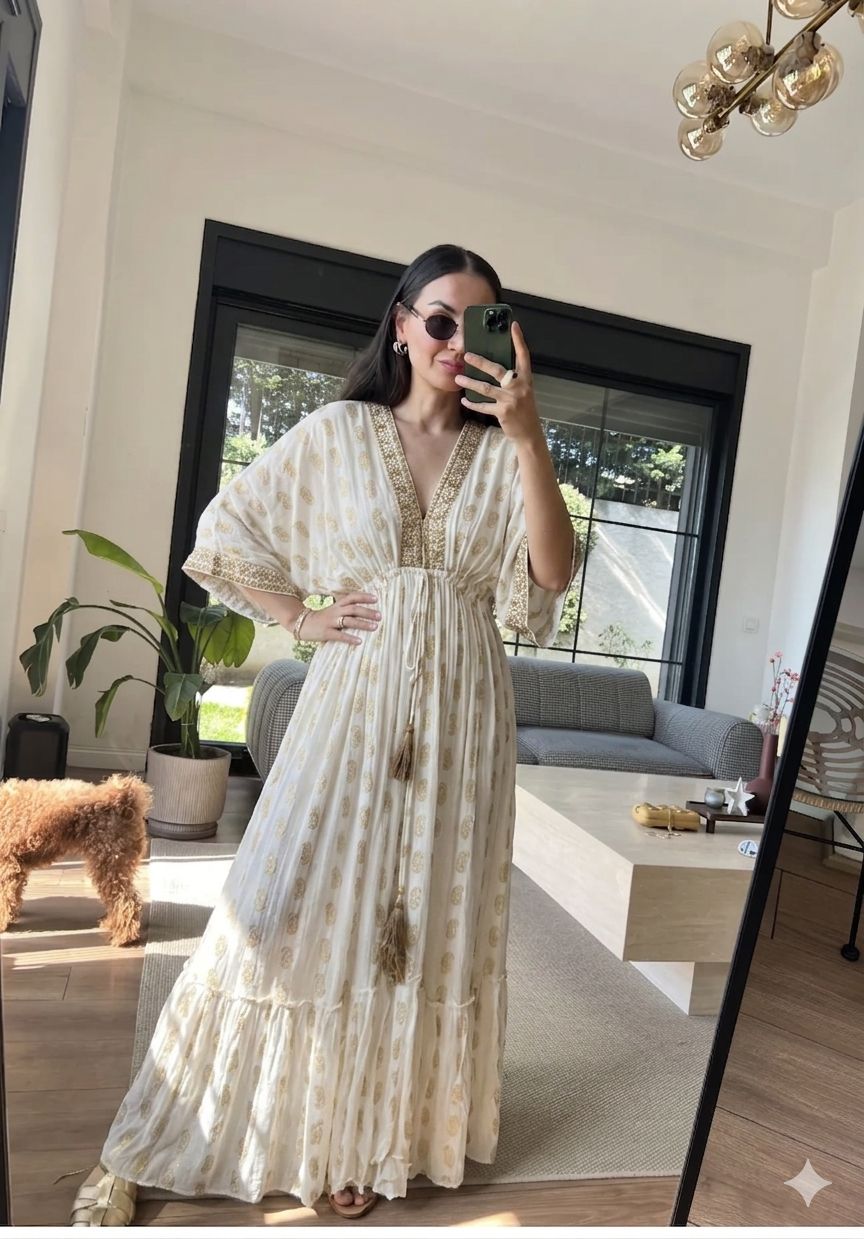 Gold Detail Boho Dress - Creamy White