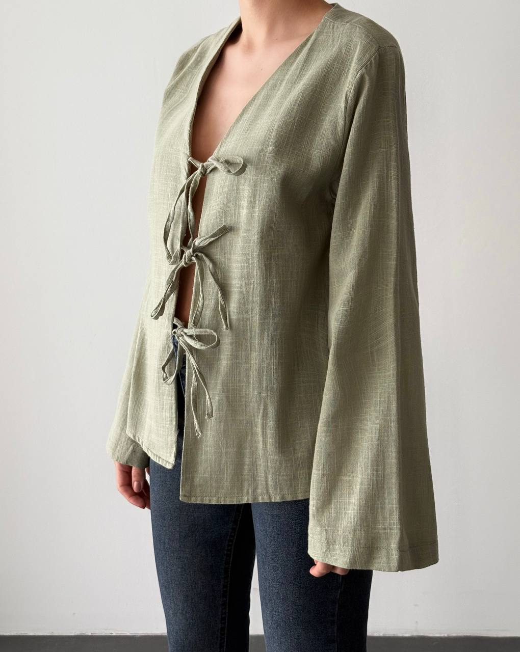 Tassel Tie Blouse - Olive Green