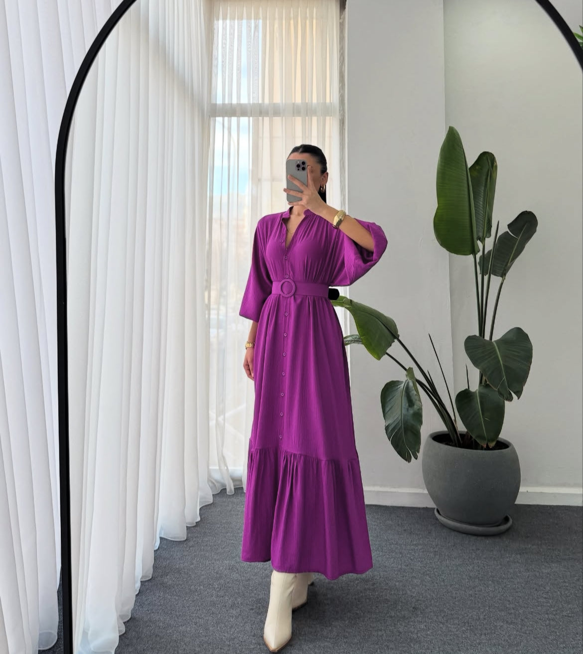 Belted Shirt Dress - Purple