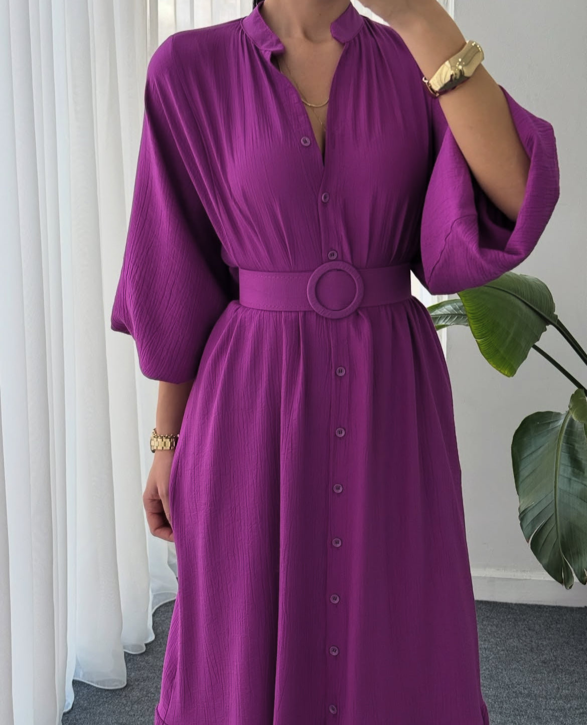 Belted Shirt Dress - Purple