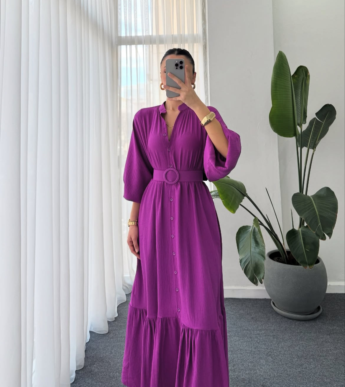 Belted Shirt Dress - Purple