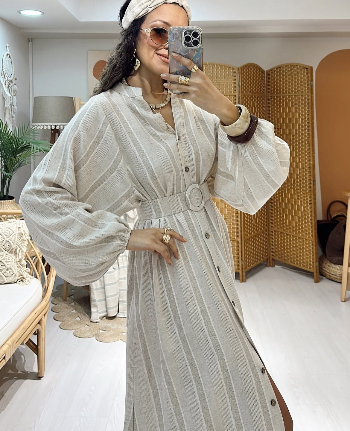 Belted Shirt Dress - Beige x Cream