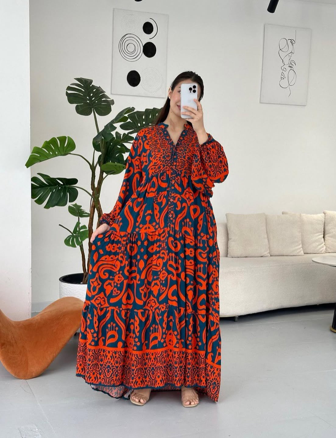 Red x Navy Patterned Dress