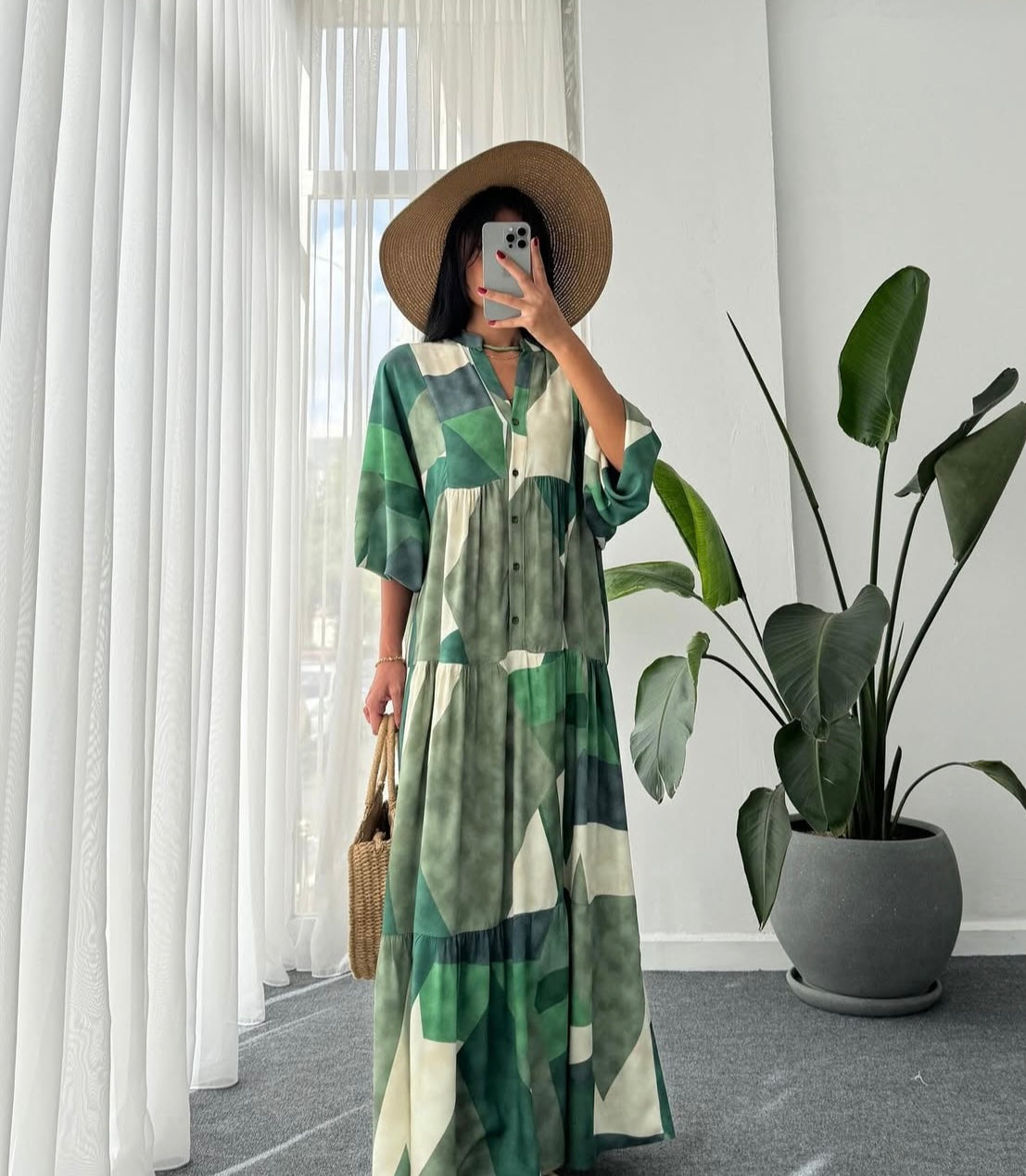 Green x White Geometric Pattern Dress (Pre-Order 10 Days)