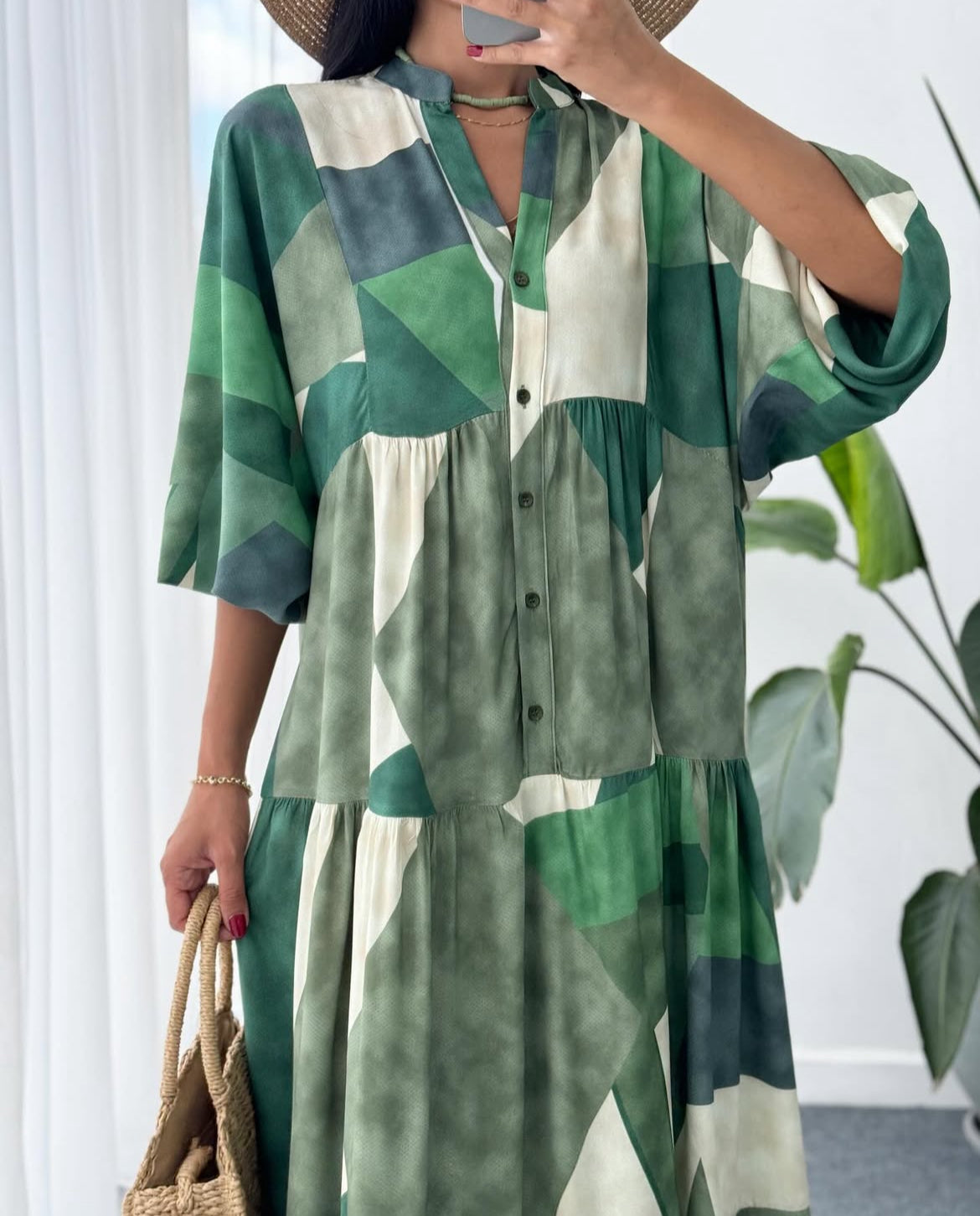 Green x White Geometric Pattern Dress