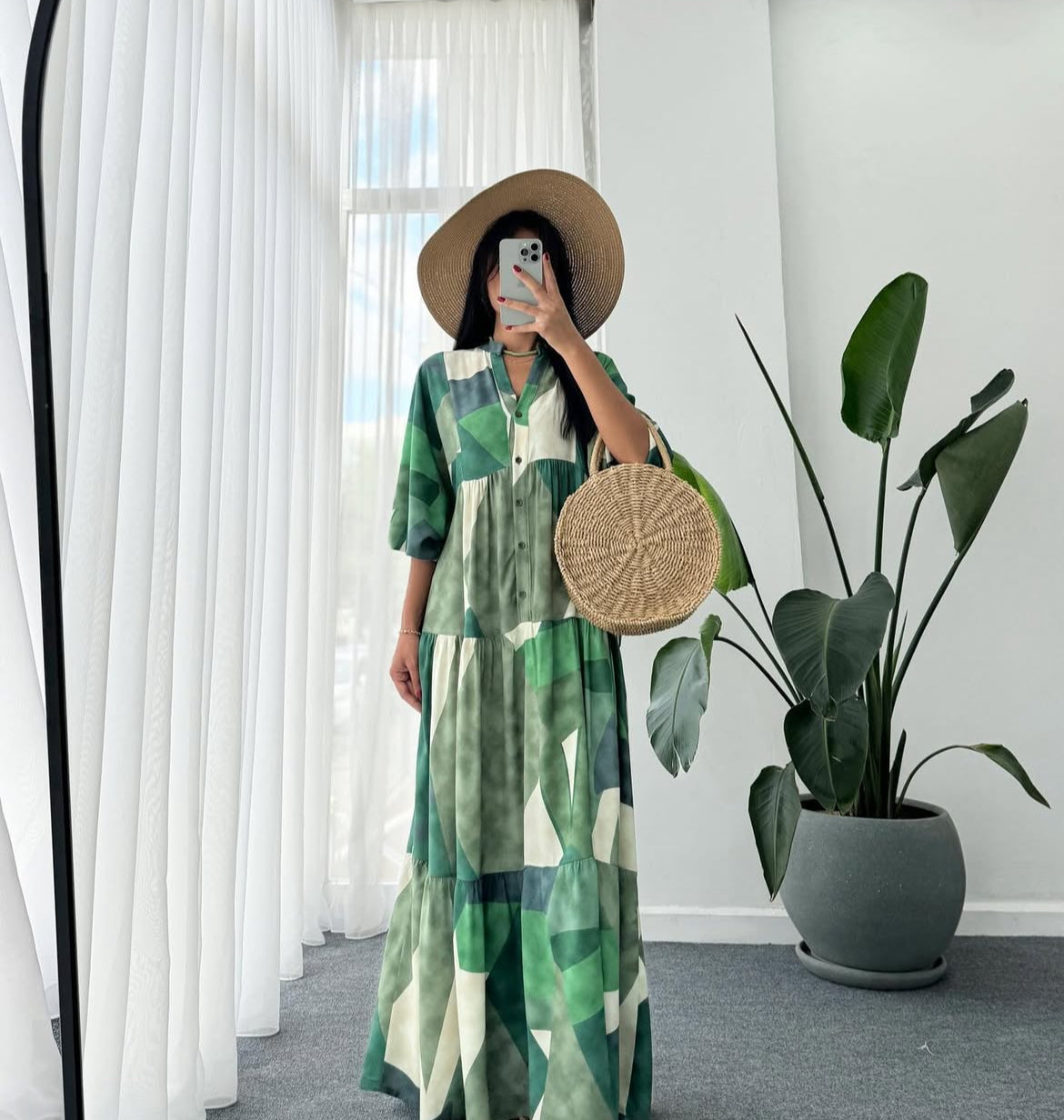 Green x White Geometric Pattern Dress (Pre-Order 10 Days)
