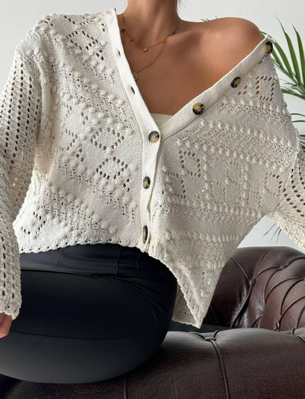 Buttoned pom pom cardigan - off white