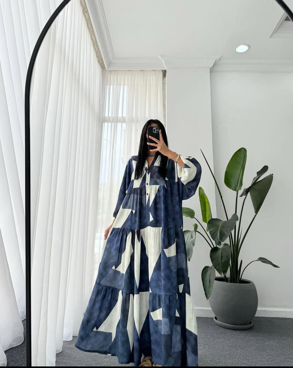 Navy x White Geometric Pattern Dress