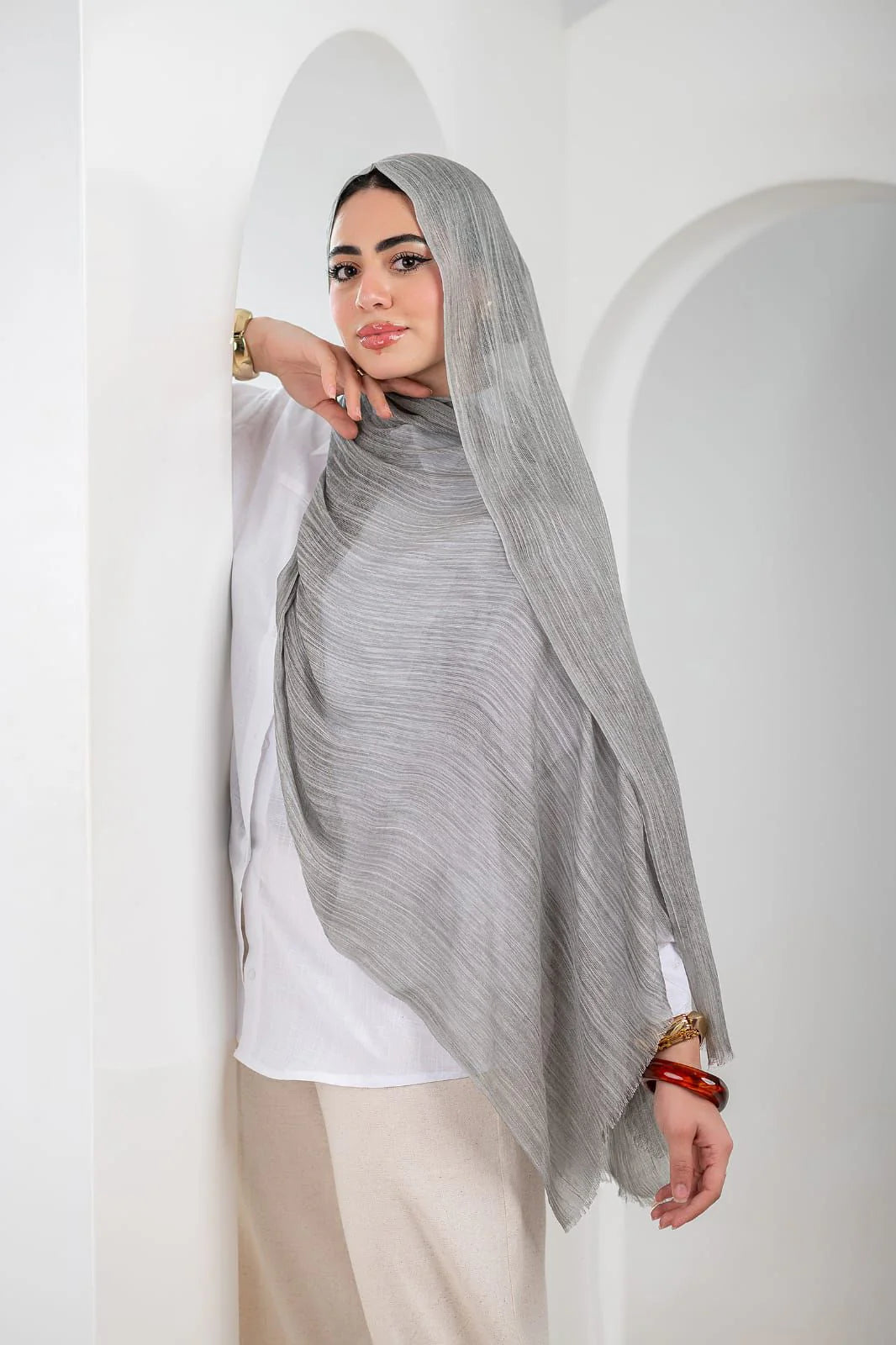 Soft Grey Ruffled Linen Scarf