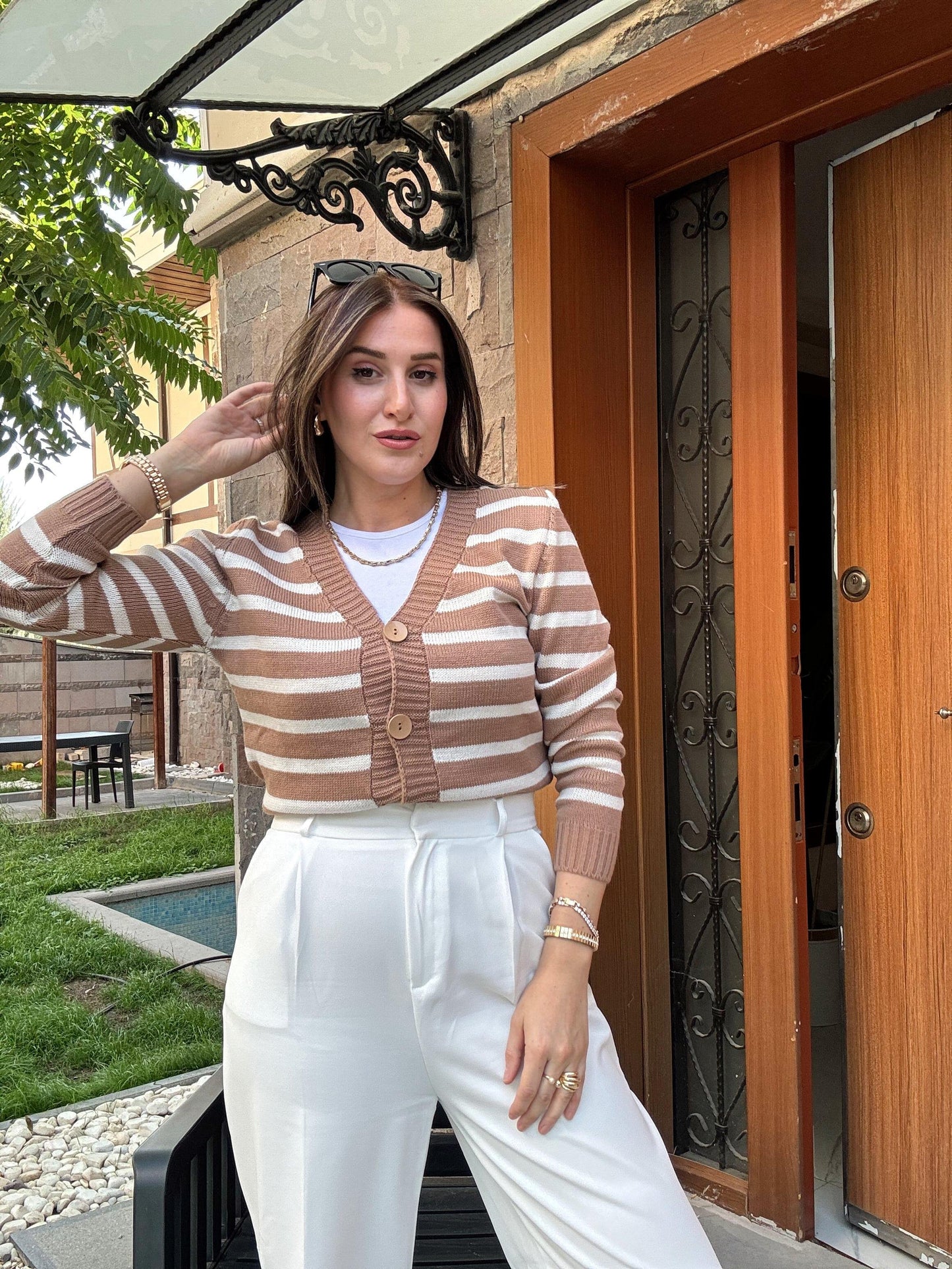 Thick Striped Knitted Cardigan - CAMEL