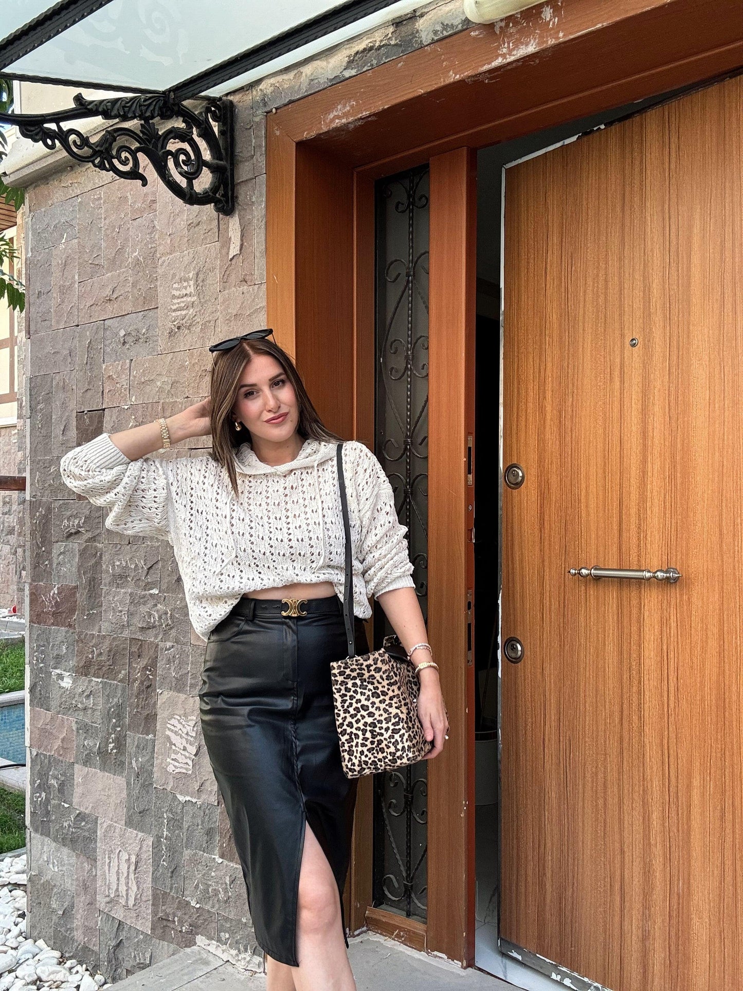 Hooded Openwork Knit Blouse - BEIGE