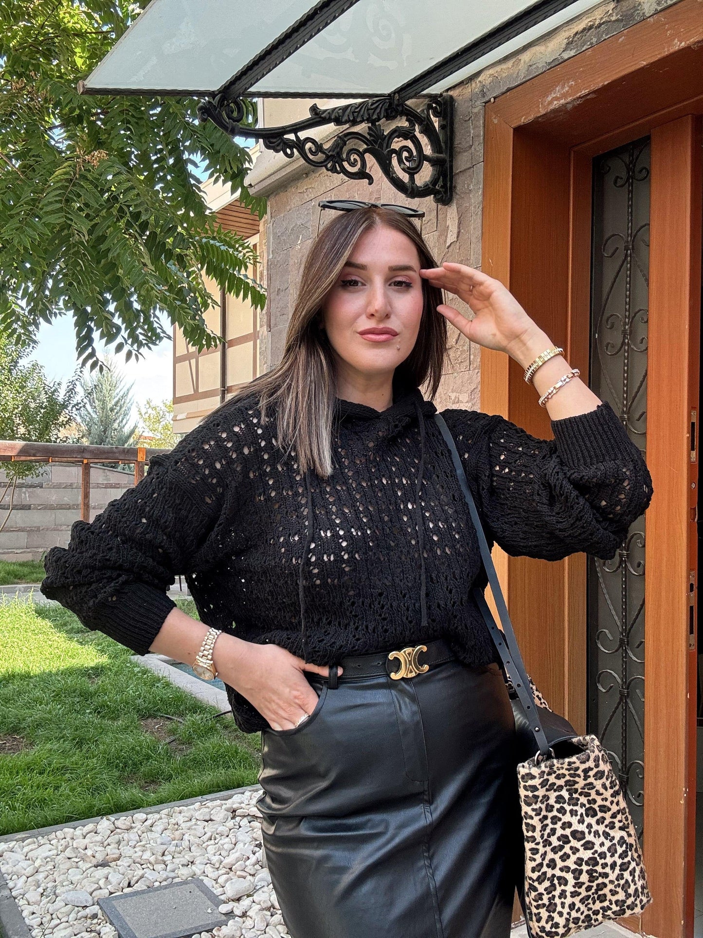 Hooded Openwork Knitted Blouse - BLACK