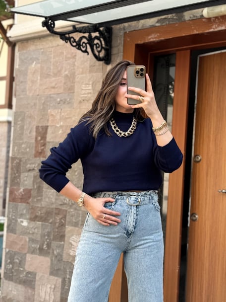 Half Turtleneck Basic Knit Sweater - NAVY BLUE