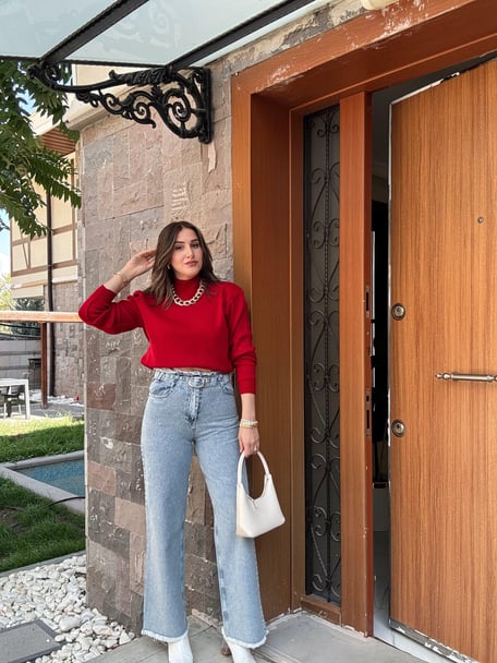 Half Turtleneck Basic Knit Sweater - RED