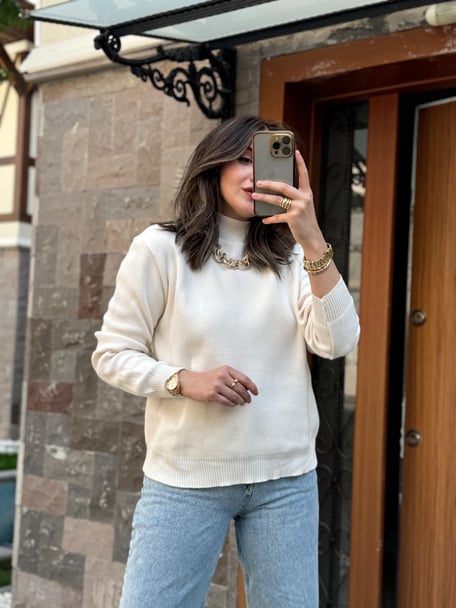 Half Turtleneck Basic Knit Sweater - LATTE