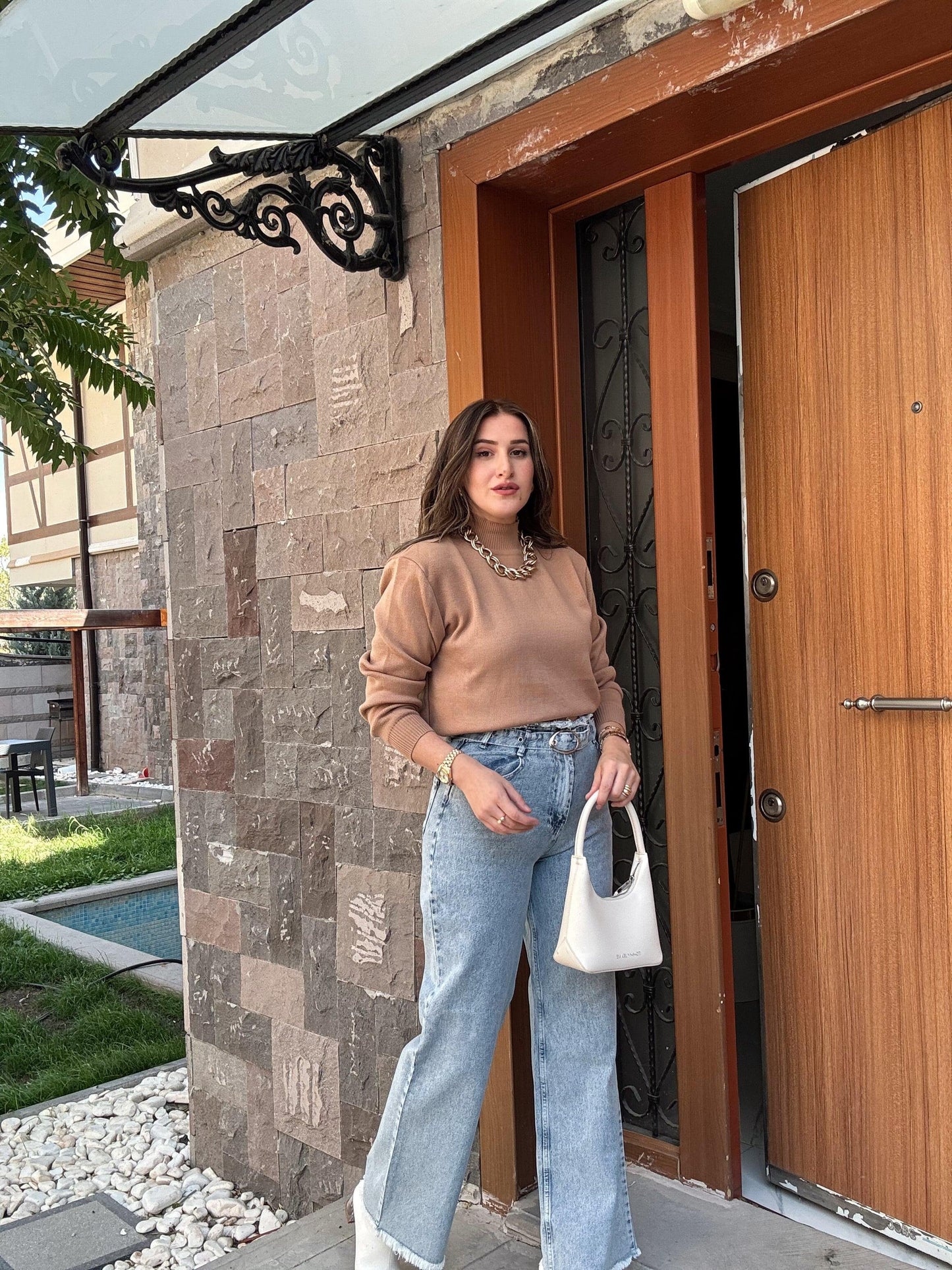 Half Turtleneck Basic Knit Sweater - CAMEL
