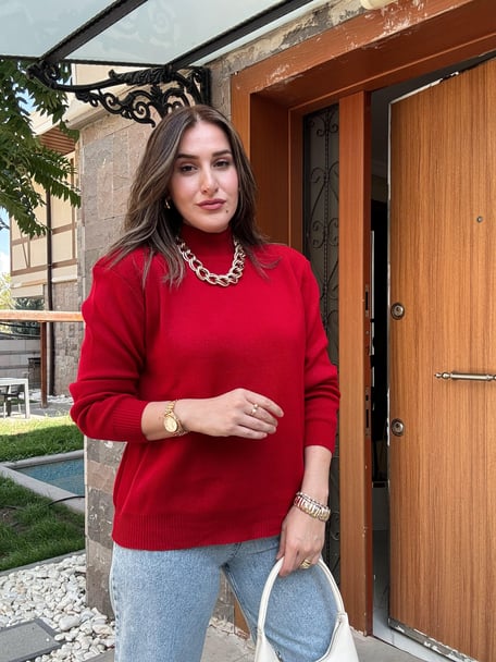 Half Turtleneck Basic Knit Sweater - RED