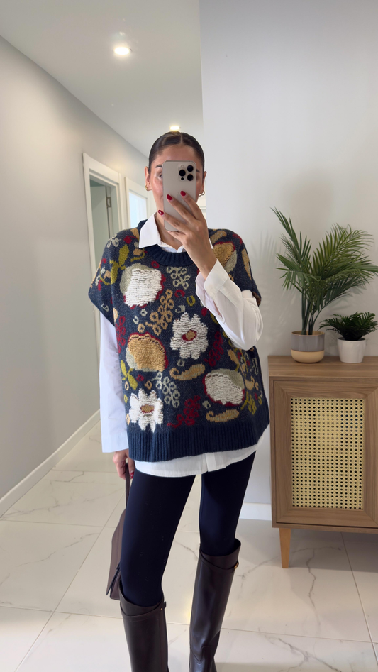 Embroidered Navy Vest