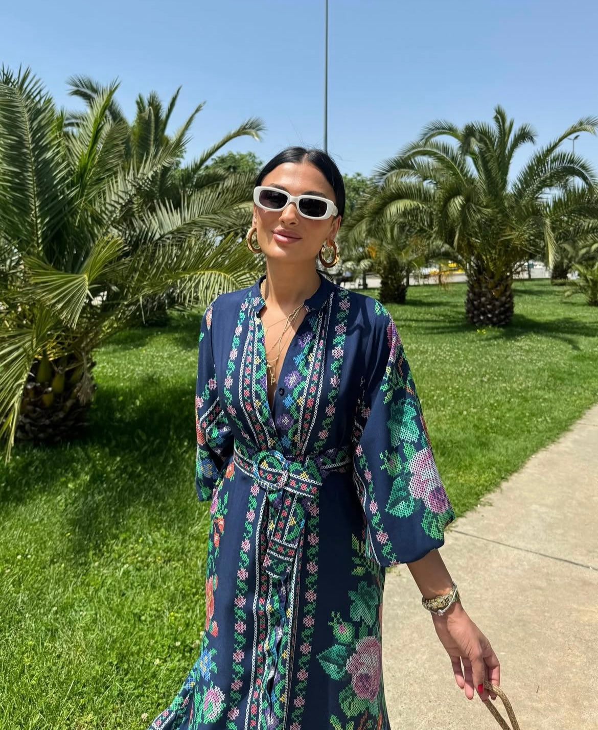 Navy Floral Belted Dress