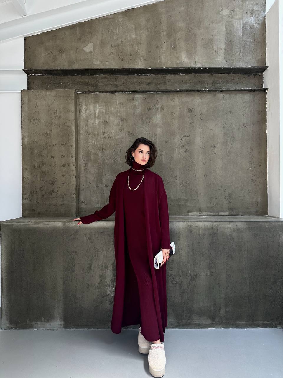 Burgundy Knitwear Set (Dress + Cardigan)