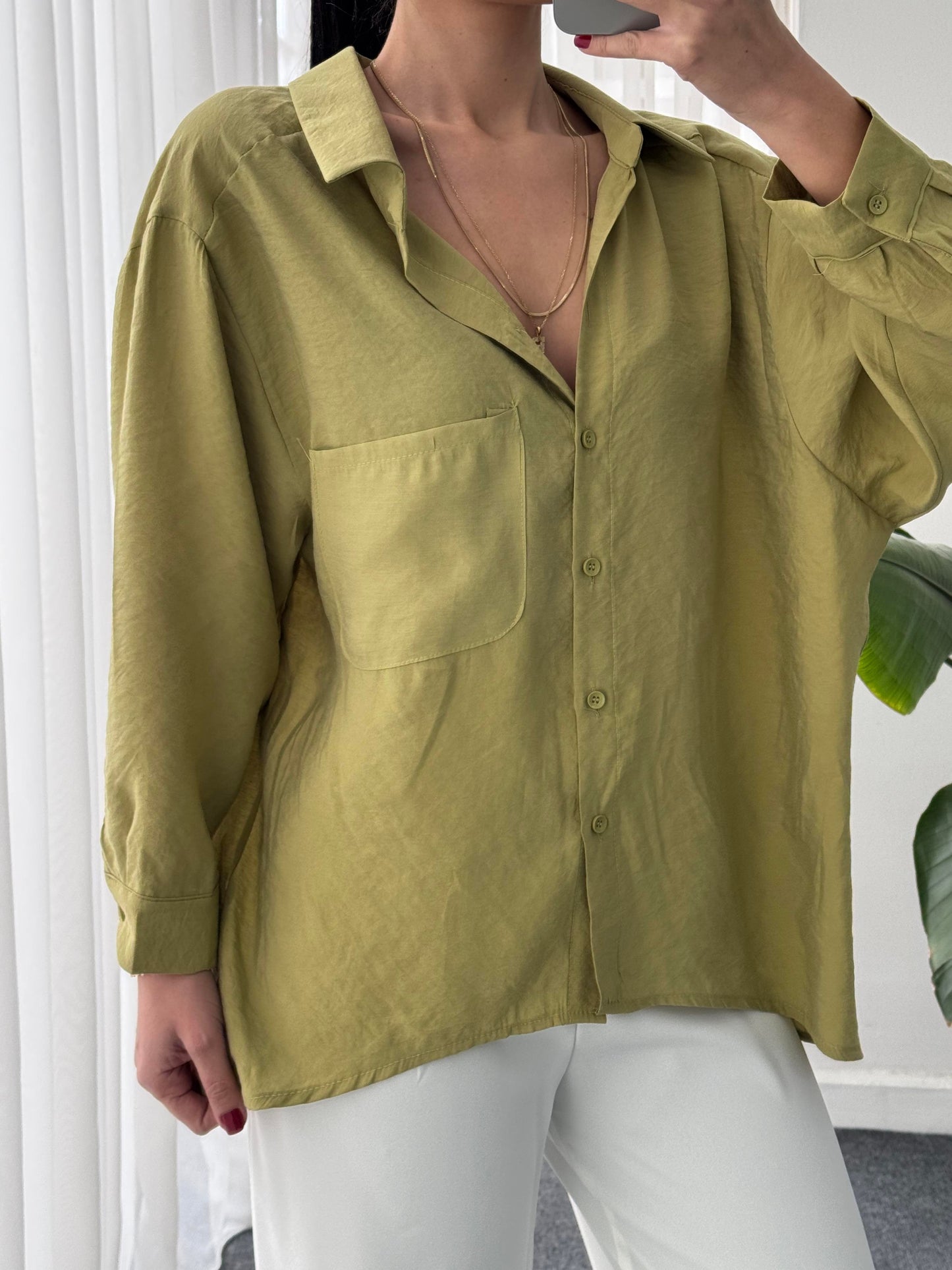 Single Pocket Oversize Shirt - Oil Green