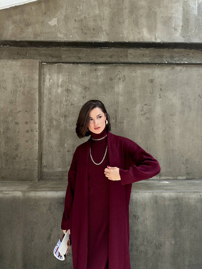Burgundy Knitwear Set (Dress + Cardigan)