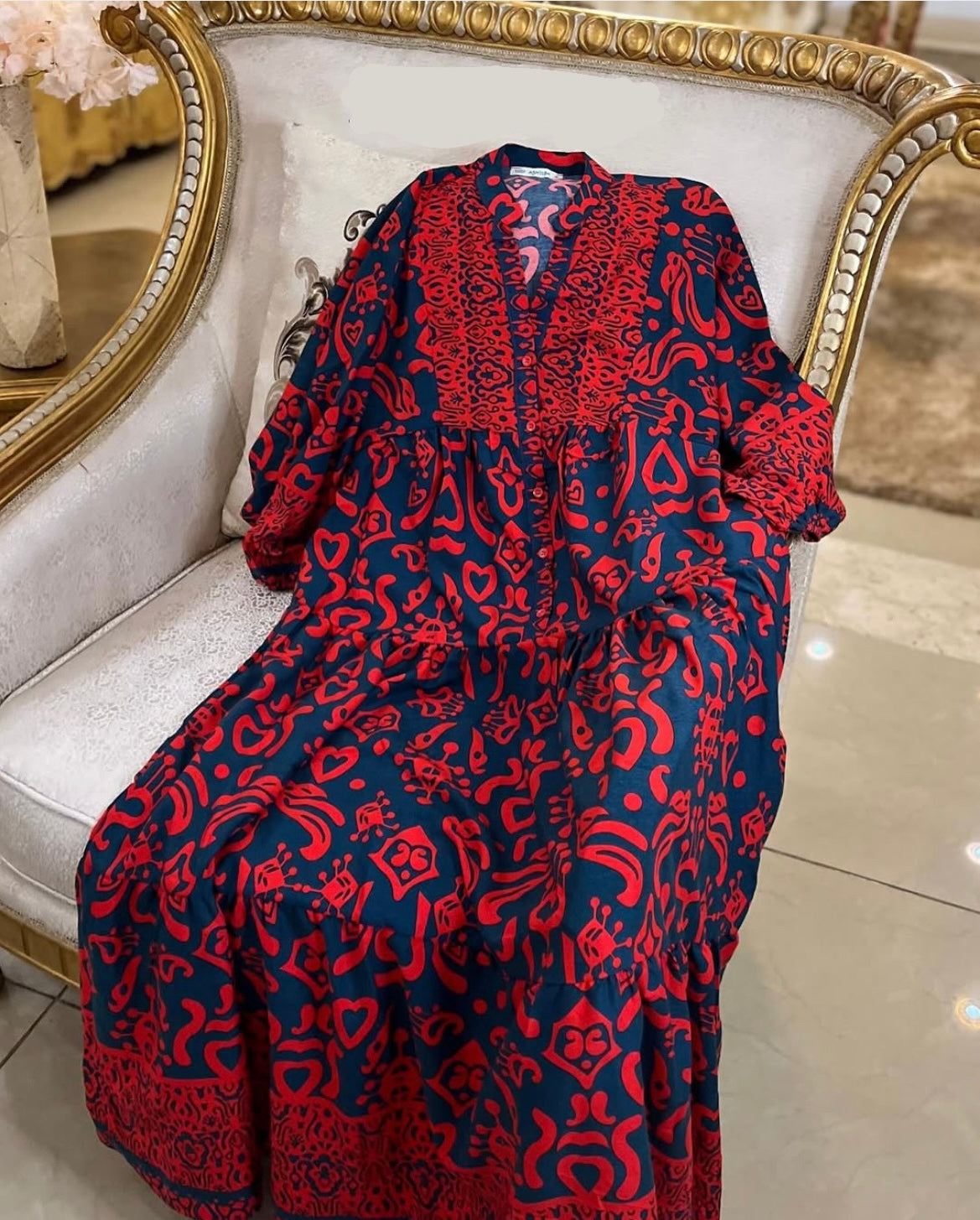 Red x Navy Patterned Dress