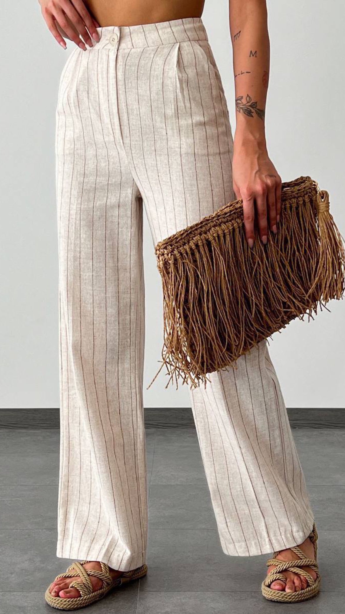 Beige Striped Pants
