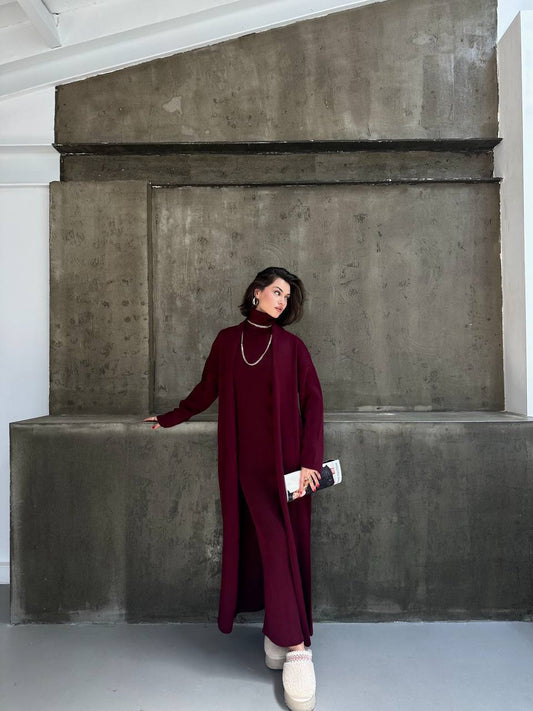 Burgundy Knitwear Set (Dress + Cardigan)