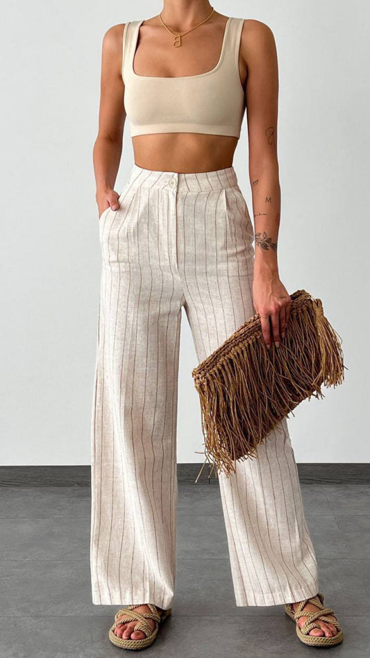 Beige Striped Pants