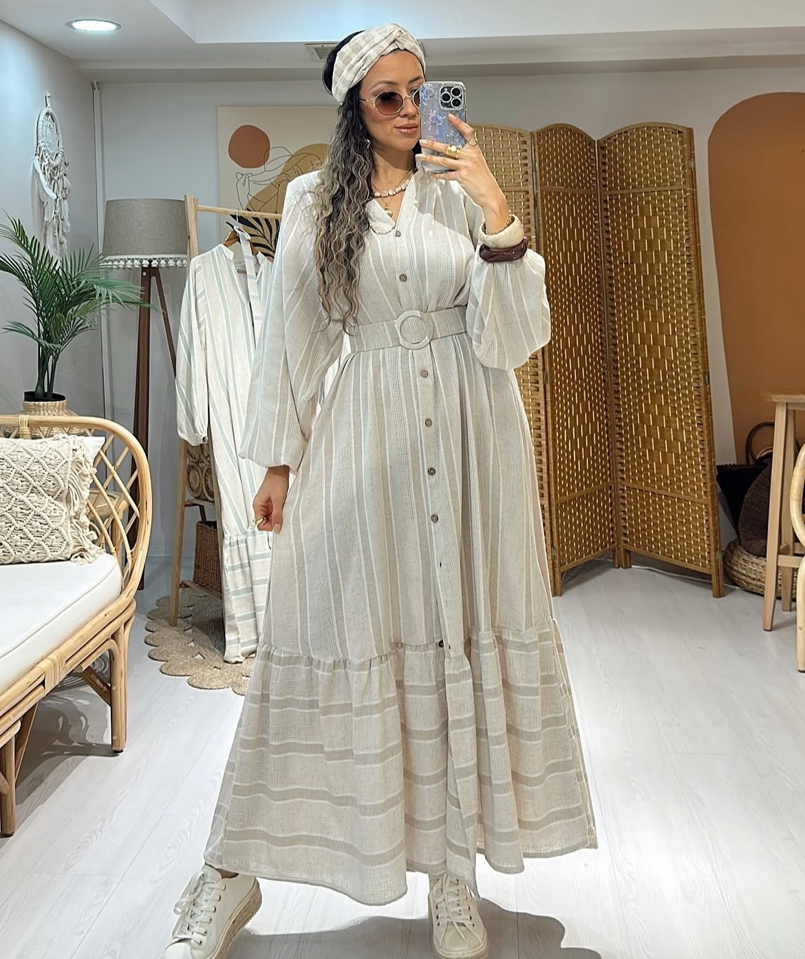 Neutral Stripe Belted Dress