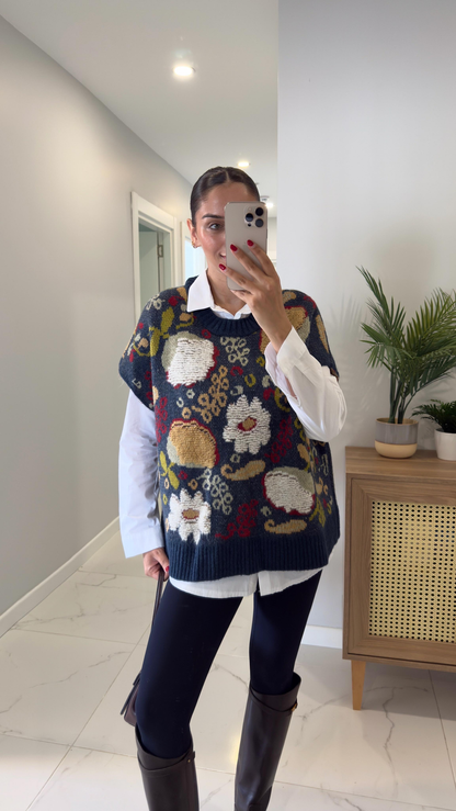 Embroidered Navy Vest