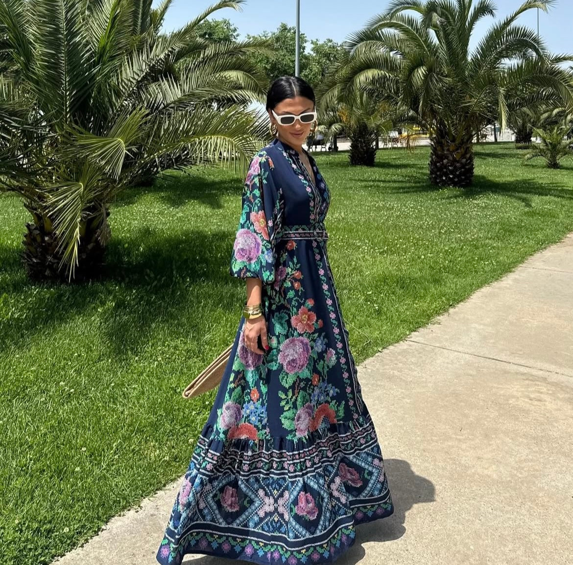 Navy Floral Belted Dress