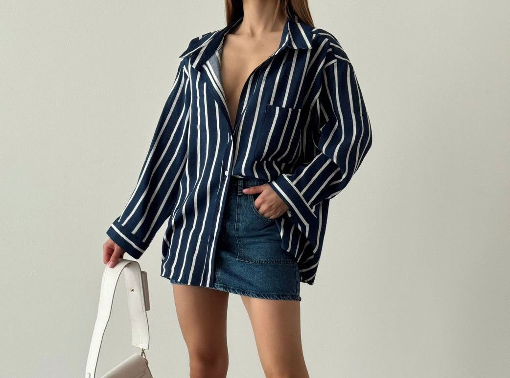 Navy x White Striped Buttoned Shirt