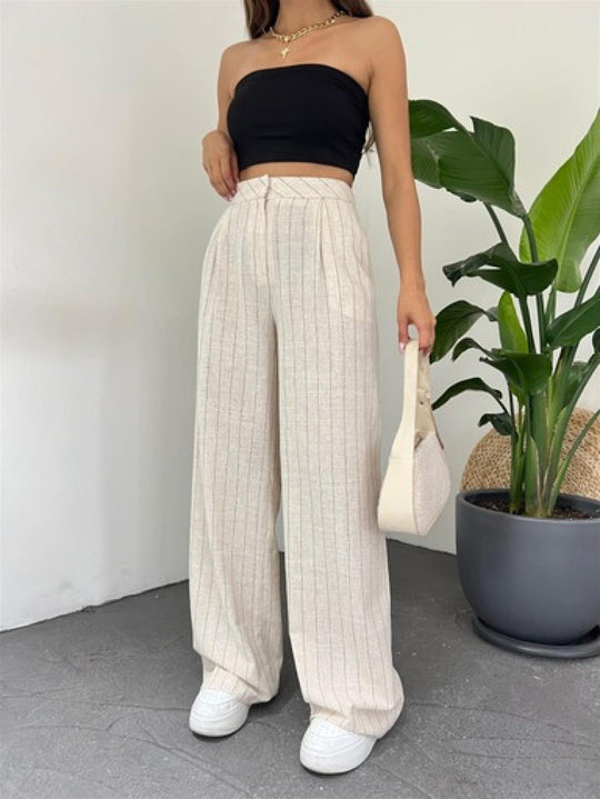 Beige Striped Pants
