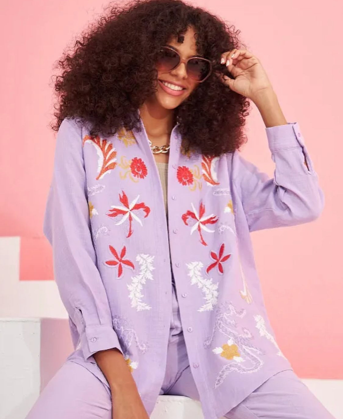 Embroided Buttoned Shirt - Lilac Purple