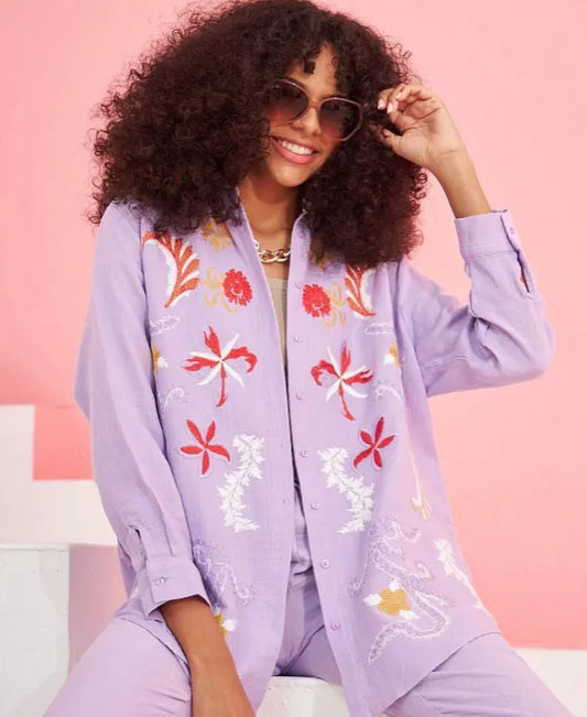 Embroided Buttoned Shirt - Lilac Purple