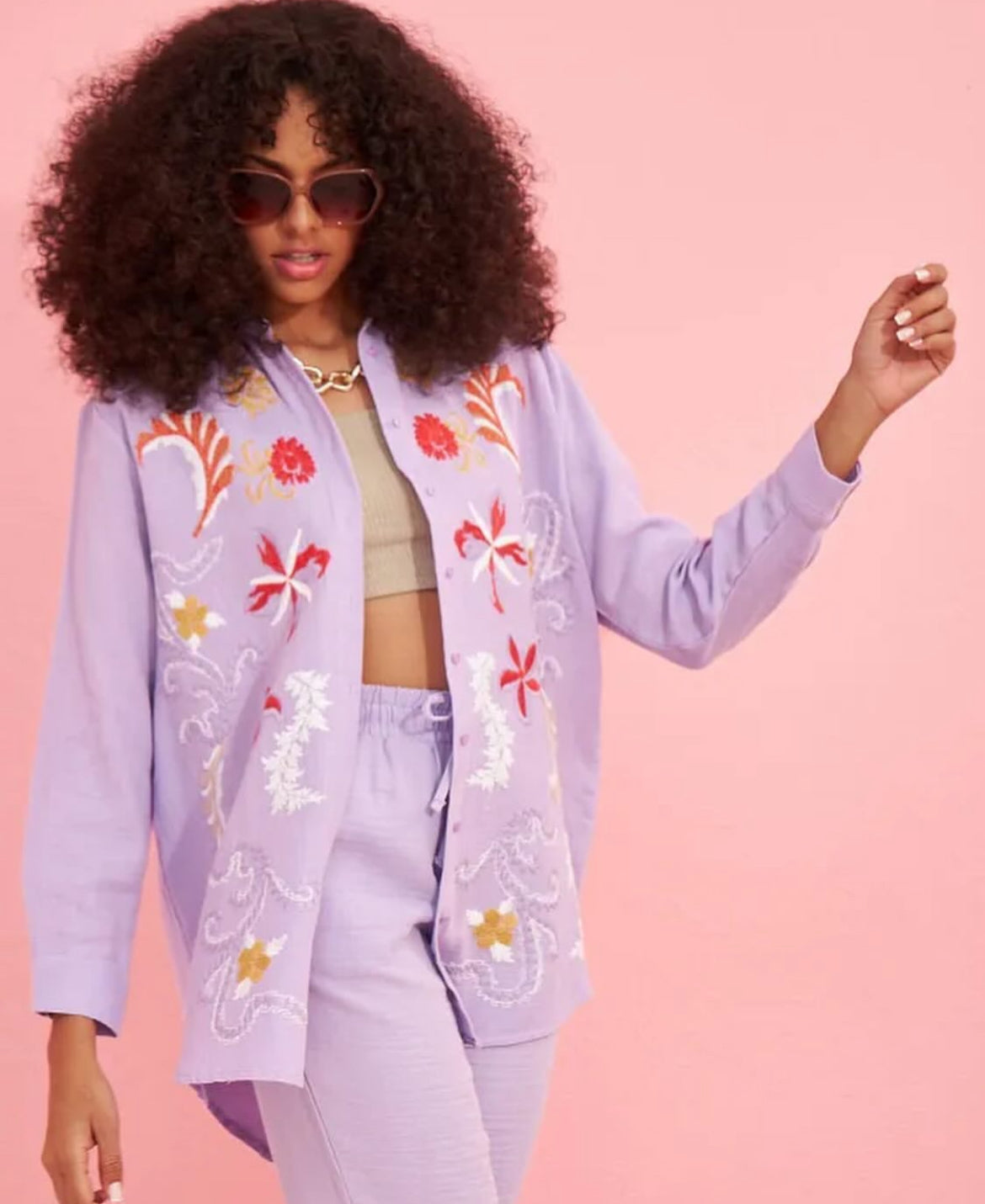 Embroided Buttoned Shirt - Lilac Purple