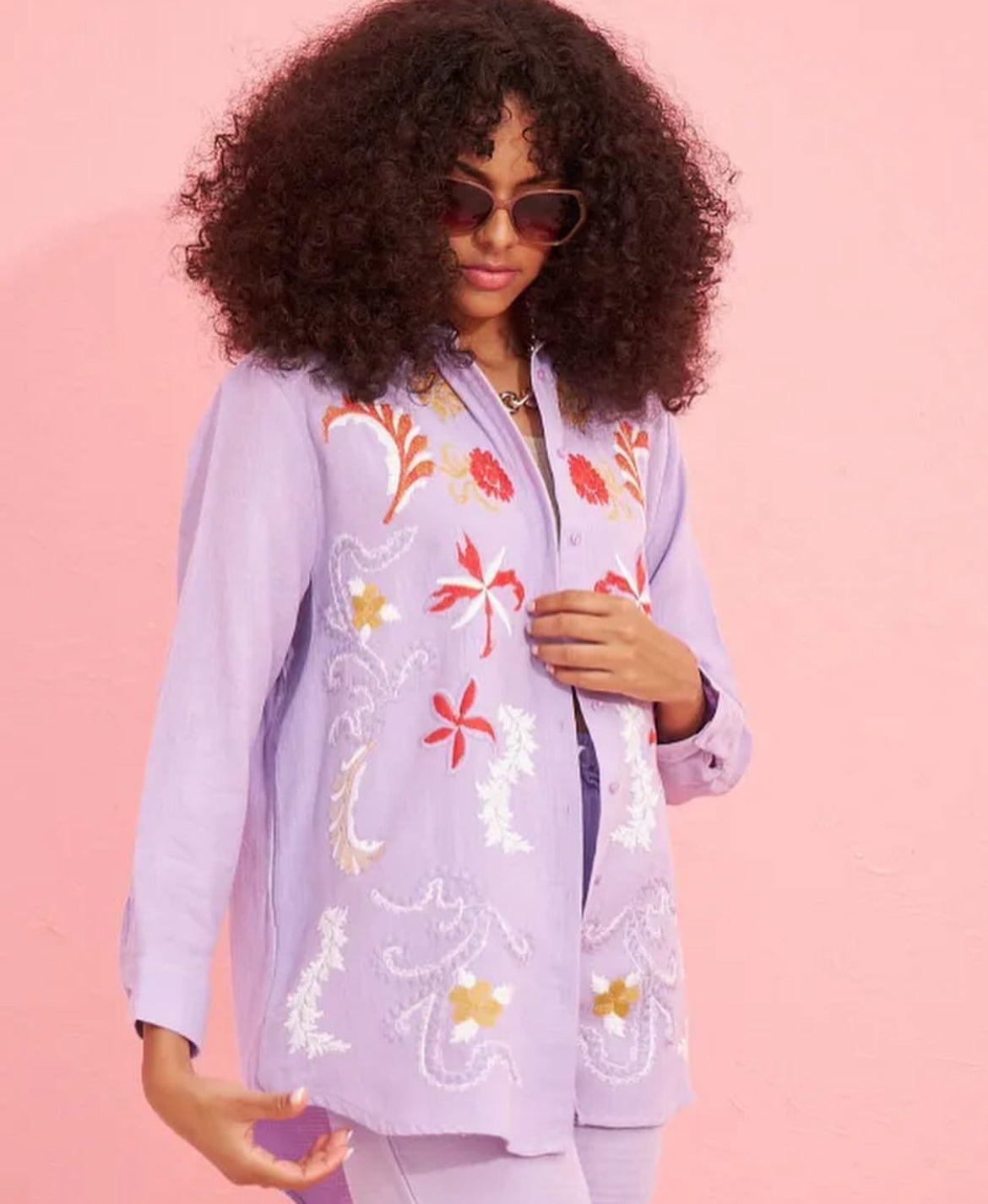 Embroided Buttoned Shirt - Lilac Purple