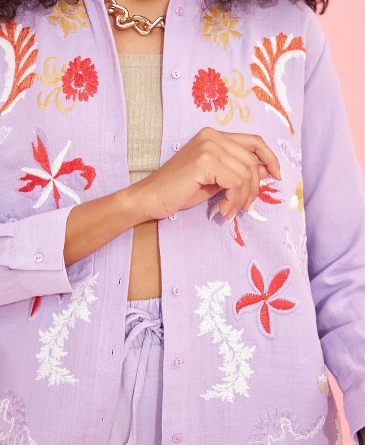 Embroided Buttoned Shirt - Lilac Purple
