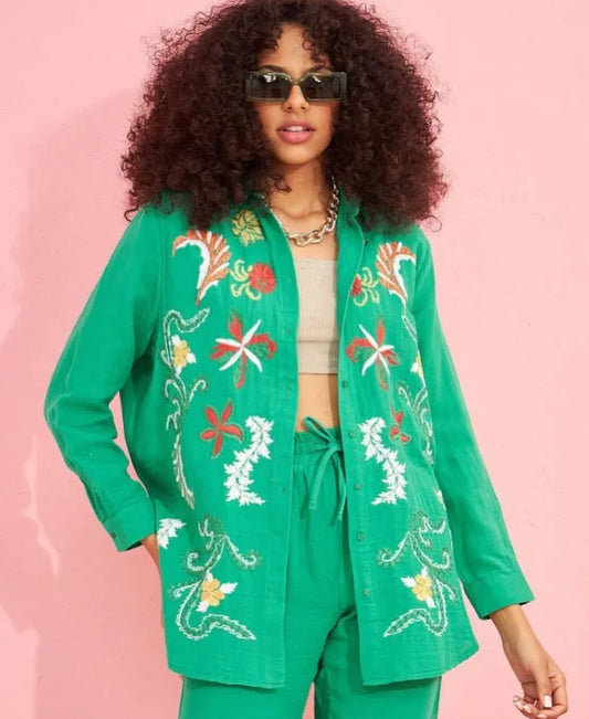 Embroided Buttoned Shirt - Green