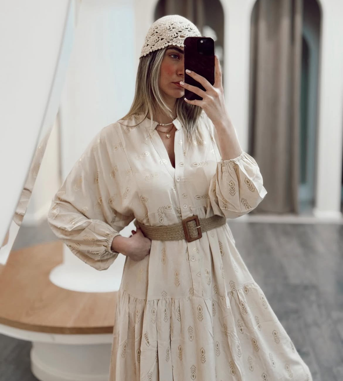 Beige Dress with Gold Details
