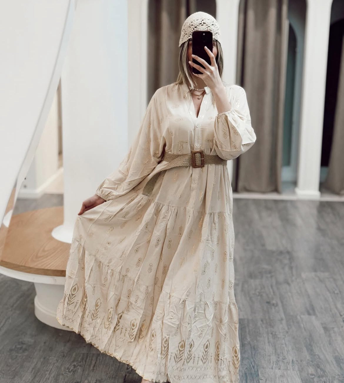 Beige Dress with Gold Details