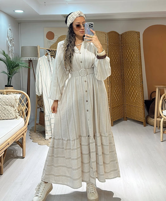 Belted Shirt Dress - Beige x Cream