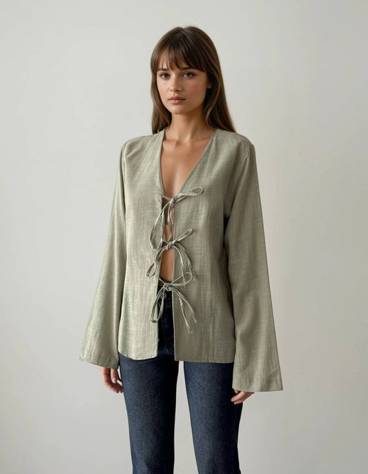 Tassel Tie Blouse - Olive Green
